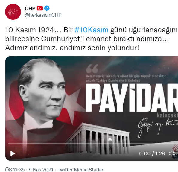 CHP, Mustafa Kemal Atatürk’ün vefatının 83. yıl dönümü dolayısıyla yayınladığı