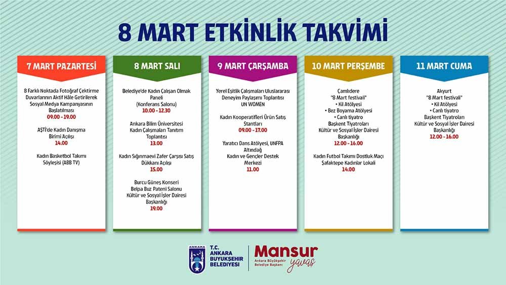 Ankara Büyükşehir Belediyesi, “8 Mart Dünya Kadınlar Günü” nedeniyle Başkent’te 8-11 Mart 2022 tarihleri arasında