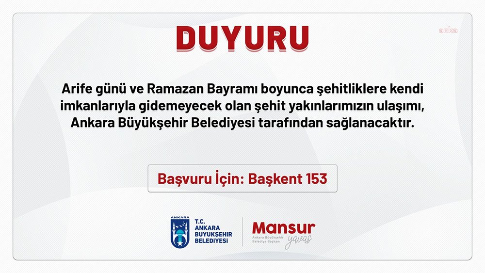 Ankara Büyükşehir Belediyesi’nden Bayramda Şehit Yakınlarına Ulaşım Desteği Ankara Büyükşehir Belediyesi, Ramazan Bayramı’nda şehit yakınlarının şehitlik ziyaretleri için