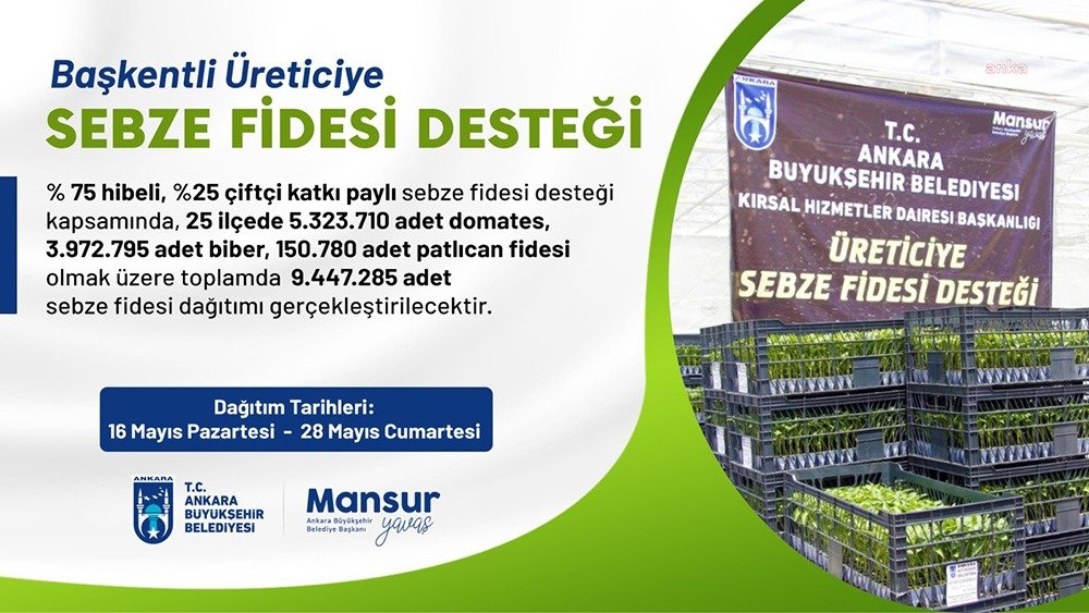 Ankara Büyükşehir Belediyesi, yerli üreticilere bu yıl da sebze fidesi desteğinde bulunacak. Kırsal