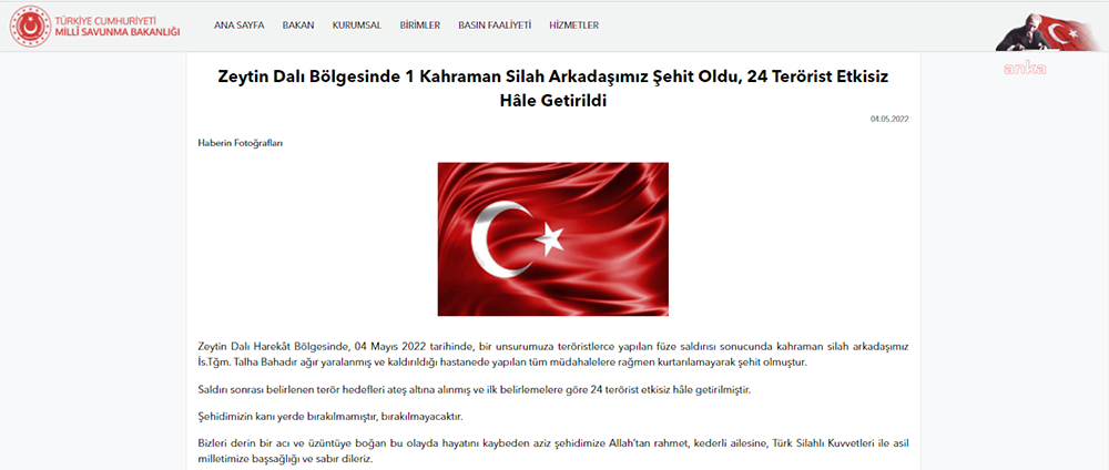 MSB Açıkladı: Zeytin Dalı Harekat Bölgesinde Bir Teğmen Şehit Oldu, 24 Terörist Etkisiz Hale Getirildi Milli Savunma Bakanlığı; İstihkam Teğmen Talha Bahadır’ın Zeytin Dalı Harekat