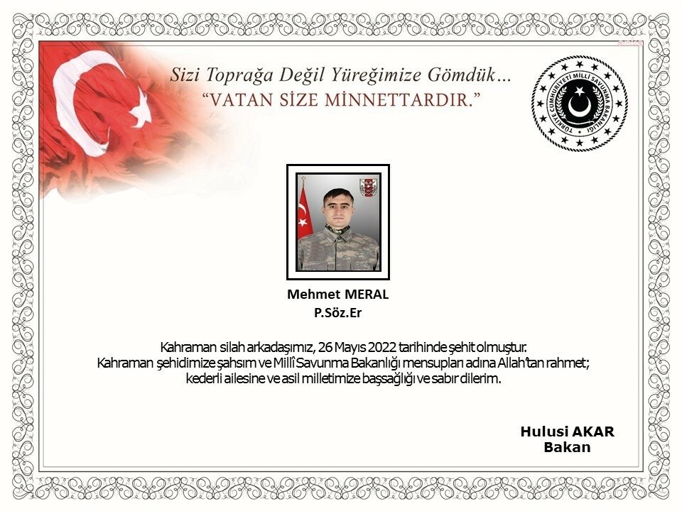 MSB: Sözleşmeli Er Mehmet Meral, Pençe-Kilit Operasyonunda Şehit Oldu Millî Savunma Bakanlığı (MSB), Sözleşmeli Er Mehmet Meral’in, Irak’ın kuzeyindeki