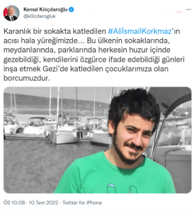 Kilicdaroglu: “Karanlik Bir Sokakta Katledilen Ali Ismail Korkmaz’in Acisi Hala Yuregimizde. Bu ulkenin sokaklarinda herkesin, kendilerini ozgurce ifade edebildigi gunleri insa etmek gezi’de katledilen cocuklarimiza olan borcumuzdur”