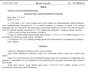 Asgari Ucrete Yapilan Zam Karari Resmi Gazete’de Yayinlandi