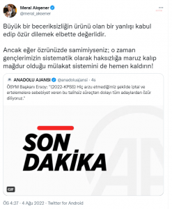 Aksener’den OSYM Baskani Ersoy’a: “Ozrunuzde Samimiyseniz; O Zaman Genclerimizin Magdur Oldugu Mulakat Sistemini de Hemen Kaldirin”