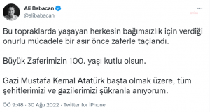 Babacan: Bu topraklarda yasayan herkesin bagimsizlik icin verdigi onurlu mucadele, bir asir once zaferle taclandi. Buyuk zafer'imizin 100. yasi kutlu olsun