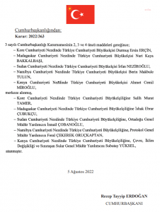 Buyukelci Kararnamesi Yayinlandi: Merkeze Alinan 7 Buyukelcinin Yerine Atama Yapildi