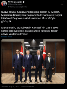Mevlut Cavusoglu, Suriye Ulusal Koalisyonu Baskani Al-Meslet, Muzakere Komisyonu Baskani Camus ve Gecici Hukumet Basbakani Mustafa Ile Gorustu