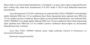 SPK: “Mine Tozlu Sineren hakkinda yapmis oldugu aciklamalar nedeniyle de kurulumuzca suc duyurusunda bulunulacaktir”