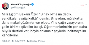 CHP Genel Baskani Kilicdaroglu’ndan Bakan Ozer’e ‘Kariyer Basamaklari Sinavi’ Cagrisi