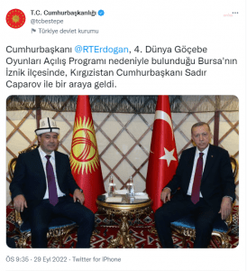 Cumhurbaskani Erdogan, Kirgizistan Cumhurbaskani Caparov Ile Gorustu