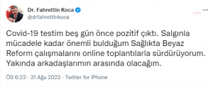 Saglik Bakani Fahrettin Koca, Covid 19’a Yakalandigini Acikladi