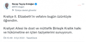 Cumhurbaskani Erdogan: Kralice 2. Elizabeth’in Vefatini Uzuntuyle Ogrendim. Kraliyet Ailesi Ile Dost ve Muttefik Birlesik Krallik Halkina Taziyelerimi Sunuyorum
