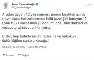 KARAMOLLAOGLU: 12 EYLUL DARBESININ YIL DONUMUNDE, TUM DARBECI VE VESAYETCI ZIHNIYETLERI KINIYORUM. BIZLER, HEP BIRLIKTE MILLET IRADESINE VE HUKUKUN USTUNLUGUNE SAHIP CIKACAGIZ