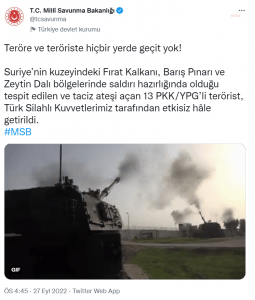 MSB: Suriye’nin Kuzeyinde Saldiri Hazirliginda Oldugu Tespit Edilen ve Taciz Atesi Acan 13 PKK/YPG’li Terorist Etkisiz Hale Getirildi
