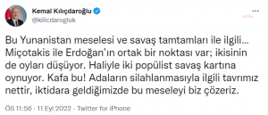 KILICDAROGLU: ADALARIN SILAHLANMASIYLA ILGILI TAVRIMIZ NETTIR, IKTIDARA GELDIGIMIZDE BU MESELEYI BIZ COZERIZ