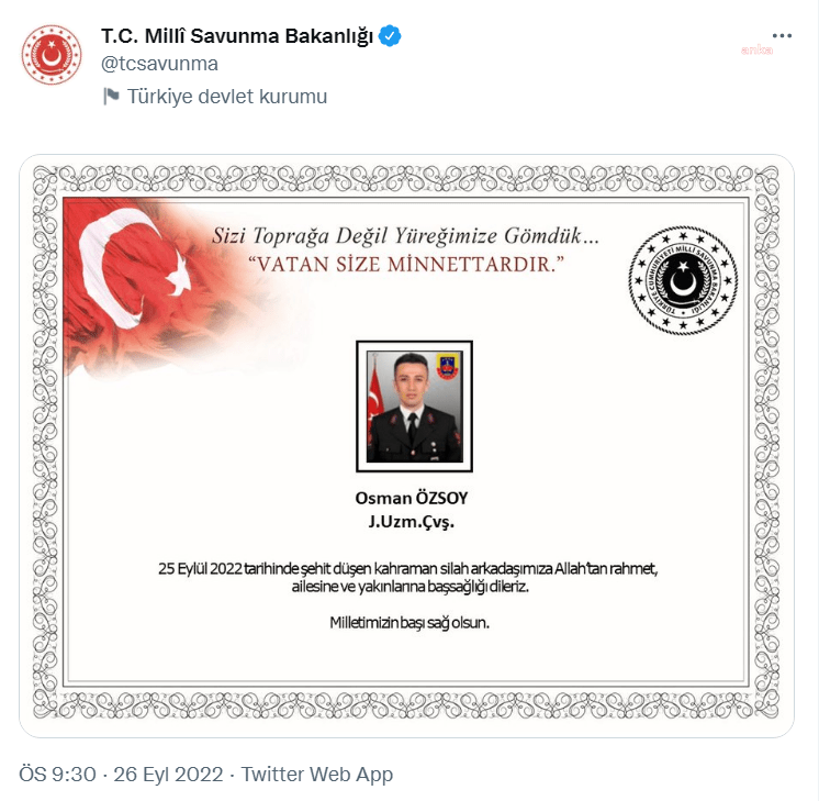 Milli Savunma Bakanlığı (MSB), Jandarma Uzman Çavuş Osman Özsoy’un şehit