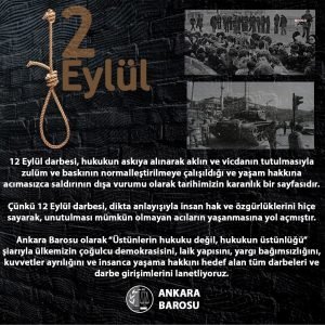 ANKARA BAROSU: ULKEMIZIN COGULCU DEMOKRASISINI, LAIK YAPISINI, YARGI BAGIMSIZLIGINI, KUVVETLER AYRILIGINI VE INSANCA YASAMA HAKKINI HEDEF ALAN TUM DARBELERI VE DARBE GIRISIMLERINI LANETLIYORUZ
