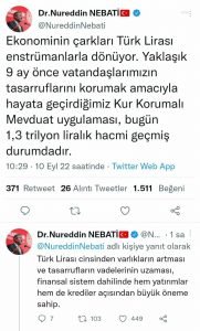 BAKAN NEBATI: KUR KORUMALI MEVDUAT BAKIYESI 1,3 TRILYON LIRAYI GECTI