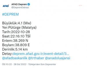 Malatya Puturge’de 4.1 Buyuklugunde Deprem Meydana Geldi