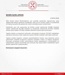 Hazine Bakanligi: Gida Sektorunde Faaliyet Gosteren 106 Bin 821 Mukellef Riskli Kabul Edilmistir