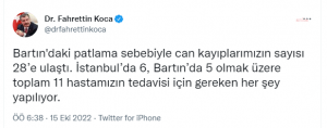 Saglik Bakani Koca: “Can Kayiplarimizin Sayisi 28’e Ulasti”