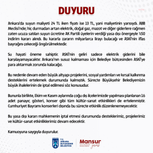 Ankara Buyuksehir Belediyesi, Su Fiyatinda Yapilan Indirim Nedeniyle 16 Kultur-Sanat Etkinligini Erteledigini Acikladi