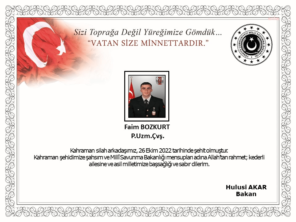 Milli Savunma Bakanlığı (MSB), Pençe-Kilit Harekâtı bölgesinde dün yaralanan Piyade