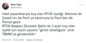 RTUK Uyesi Tasci: “Vekil Pazarliklariyla Bos Olan RTUK Uyeligi; Mehmet Ali Celebi’nin AK Parti’ye Katilimiyla IYI Parti’den AK Partiye Gecti”