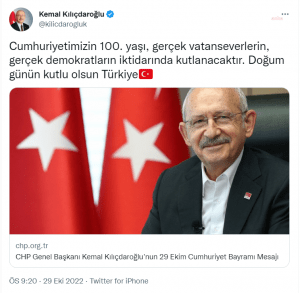 Kilicdaroglu: "Cumhuriyetimizin 100. Yasi, Gercek Vatanseverlerin, Gercek Demokratlarin Iktidarinda Kutlanacaktir. Dogum Gunun Kutlu Olsun Turkiye