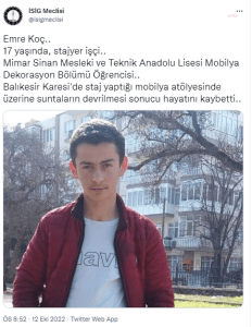 ISIG: Lise Ogrencisi Emre Koc, Staj Yaptigi Atolyede Uzerine Suntalarin Devrilmesi Sonucu Yasamini Yitirdi