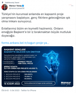 Mansur Yavas: Turkiye’nin Kurumsal Anlamda En Kapsamli Proje Yarismasini Baslatiyor, Genc Fikirlere Gelecegimize Isik Olma Imkani Sunuyoruz