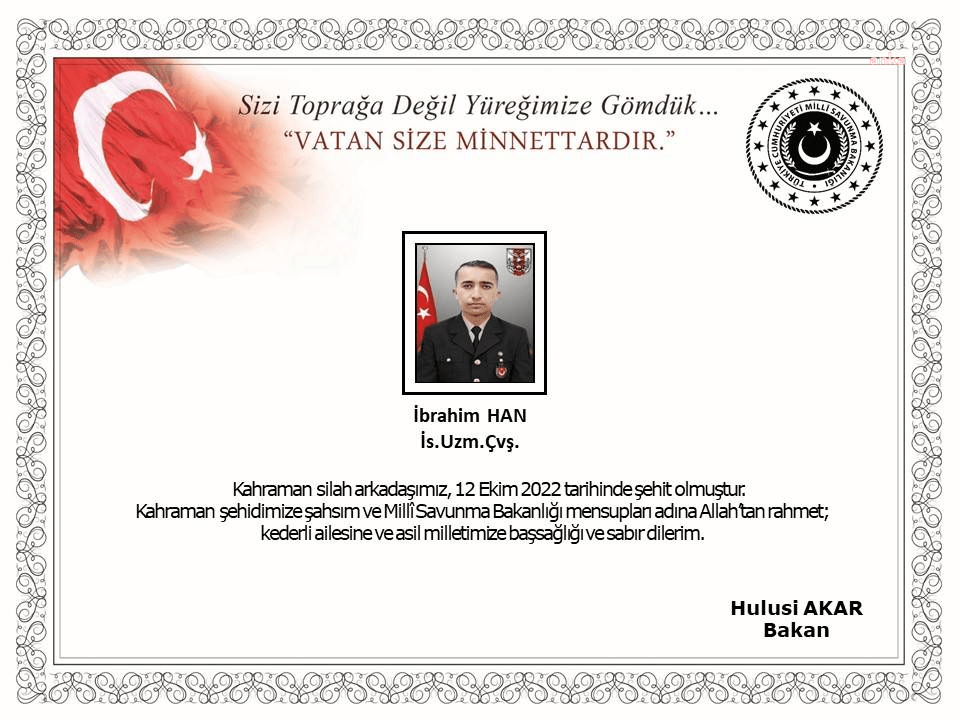 MSB: Uzman Çavuş İbrahim Han Şehit Oldu Milli Savunma Bakanlığı (MSB), Uzman Çavuş İbrahim Han'ın, Pençe-Kilit Harekatı