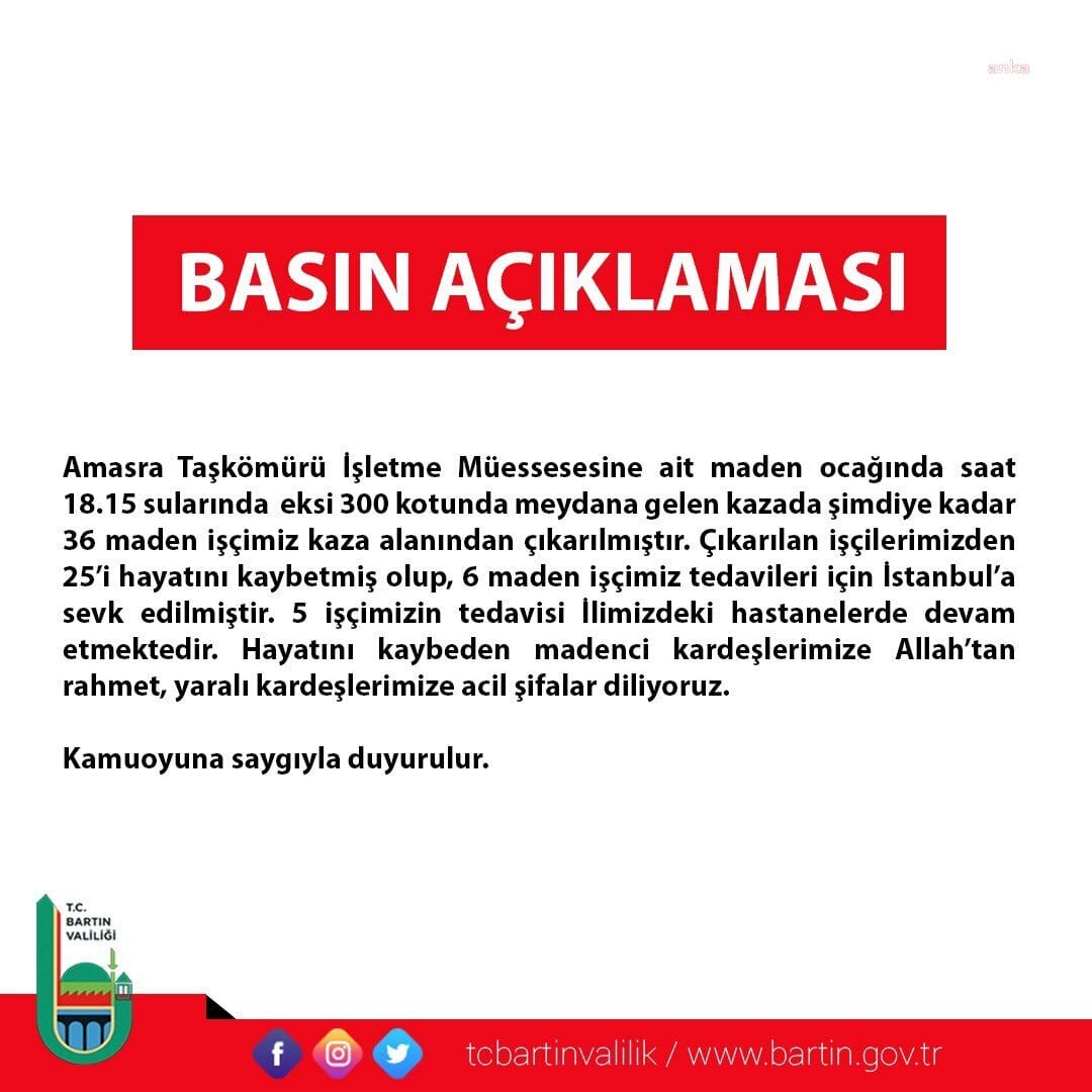 Bartın Valiliği, Amasra’daki maden faciasında yaşamını yitirenlerin sayısının 25’e çıktığını