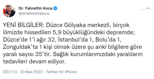 Fahrettin Koca: Duzce’de 1’i Agir 32, Istanbul’da 1, Bolu’da 1, Zonguldak’ta 1 Kisi Olmak Uzere Su Anki Bilgilere Gore Yarali Sayisi 35’tir
