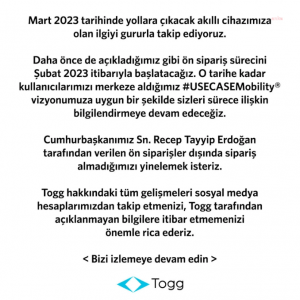TOGG: Cumhurbaskani Erdogan Tarafindan Verilen On Siparisler Disinda Siparis Almadik