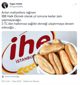 Ozgen Nama: Artan Maliyetlere Ragmen IBB Halk Ekmek Olarak Yil Sonuna Kadar Zam Yapmayacagiz. 3 TL’den Halkimiza Saglikli Ekmegi Ulastirmaya Devam Edecegiz
