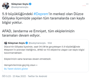 Suleyman Soylu: 5.9 Buyuklugundeki Depremin Merkezi Olan Duzce Golyaka Ilcemizde Yapilan Tum Taramalarda Can Kaybi Bilgisi Yoktur