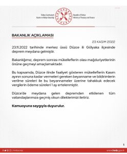 Duzce Depreminden Etkilenen Mukellefin Beyanname Verme ve Vergi Odeme Sureleri Bir Ay Uzatildi