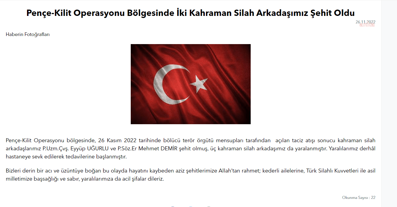 Millî Savunma Bakanlığı (MSB), “Pençe-Kilit Operasyonu bölgesinde, 26 Kasım 2022