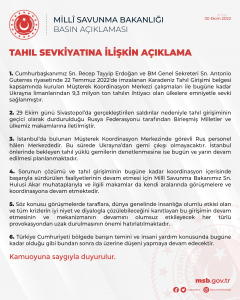 MSB: Istanbul’da Bulunan Musterek Koordinasyon Merkezi’nde Gorevli Rus Personel Halen Merkezde. Bu Surede Ukrayna'dan Gemi Cikisi Olmayacak”