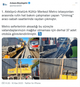 Ankara Buyuksehir Belediyesi’nden Metro Aciklamasi: “Rutin Hat Bakim Calismalari Yapan ‘Unimog’ Araci Sabah Saatlerinde Raydan Cikmistir”