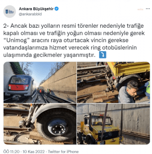 Ankara Buyuksehir Belediyesi’nden Metro Aciklamasi: “Rutin Hat Bakim Calismalari Yapan ‘Unimog’ Araci Sabah Saatlerinde Raydan Cikmistir”