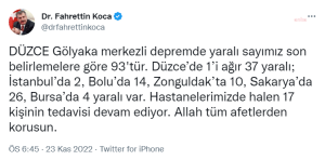 Fahrettin Koca: Depremde Yarali Sayimiz, Son Belirlemelere Gore 93'tur. Duzce’de 1’i Agir 37 Yarali; Istanbul’da 2, Bolu’da 14, Zonguldak’ta 10, Sakarya’da 26, Bursa’da 4 Yarali Var