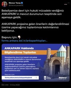 Mansur Yavas’tan Baskentlilere ‘ANKAPARK Bilgilendirme ve Fikir Alisverisi Toplantisi’na Katilim Cagrisi