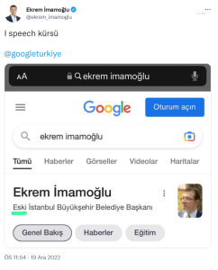 Ekrem Imamoglu, Sifatinin Basina "Eski" Ekleyen Google Turkiye’ye Erdogan’in Sozuyle Yanit Verdi: “I Speech Kursu”