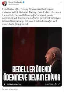 Kilicdaroglu: “Canan Kaftancioglu’na Siyasi Yasak Getirildi. Simdi Ekrem Imamoglu’na Getirilmek Isteniyor. Korkak Saraya Karsi, Biz Yine Dimdik Duracagiz. Ant Olsun, Halk Galip Gelecek”