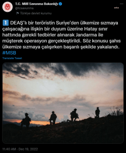 MSB Acikladi: Ulkemize Suriye’den Sizmaya Calisan DEAS’li Bir Terorist Yakalandi