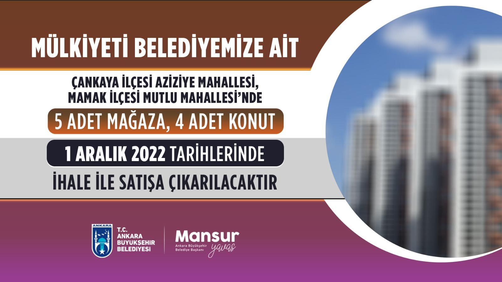 Ankara Büyükşehir Belediyesi (ABB), 6 ilçede bulunan toplam 36 taşınmazı