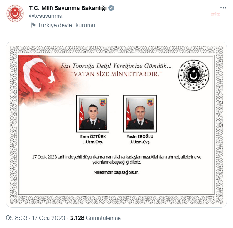 Milli Savunma Bakanlığı (MSB), Jandarma Uzman Çavuş Eren Öztürk ve